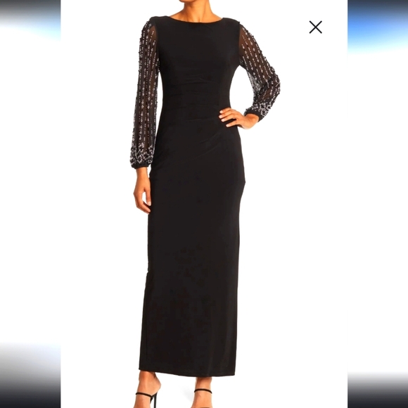 Elegant Black Evening Gown with Sheer Sleeves - Picture 1 of 8